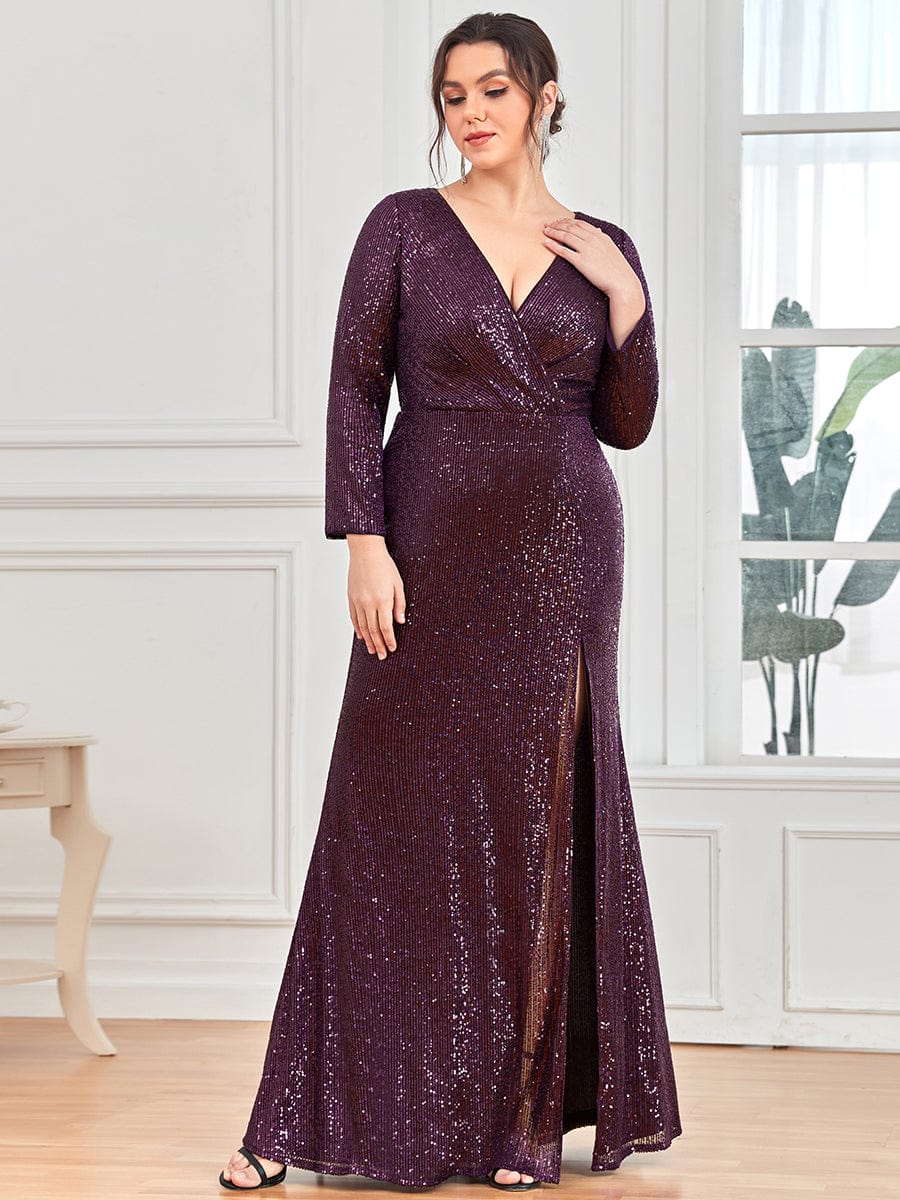 Shiny V Neck Sequin Evening Party Dress with Long Sleeve