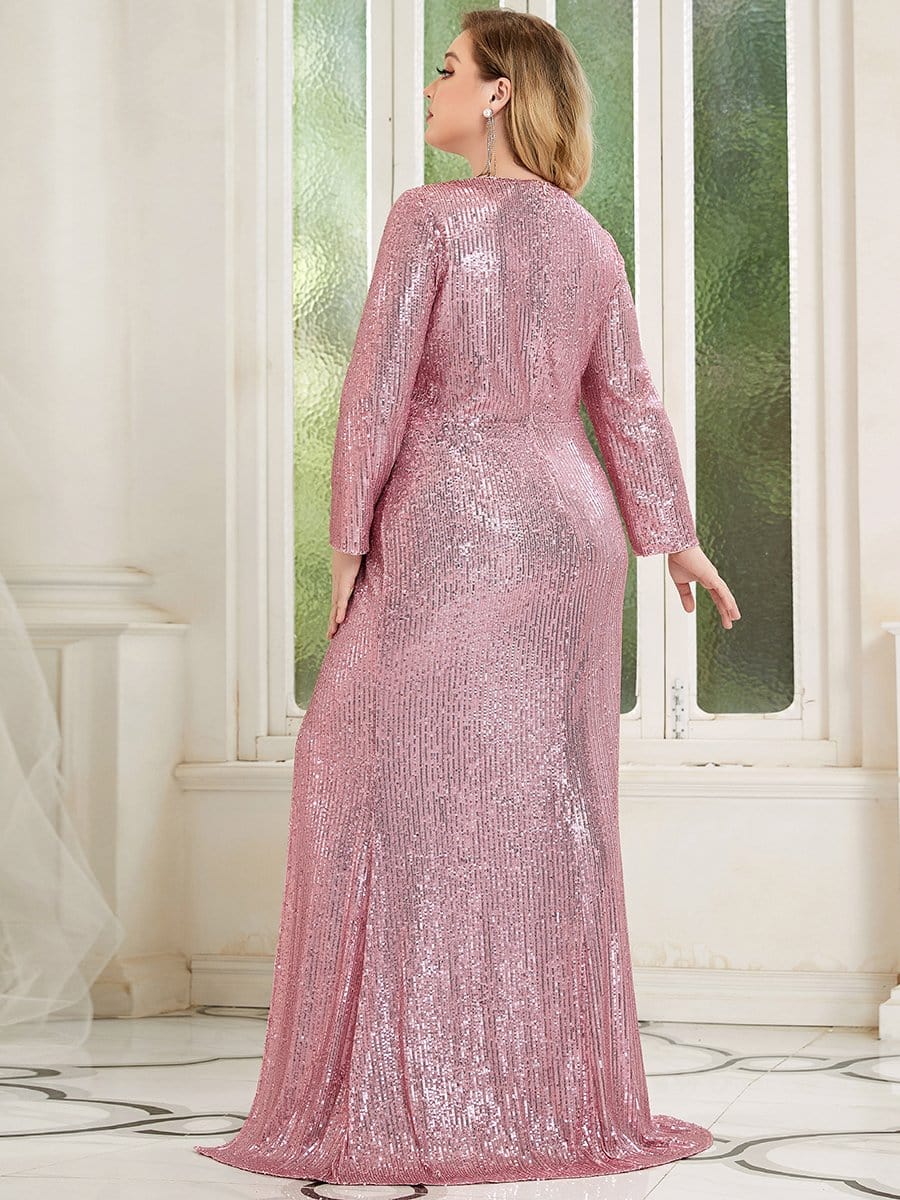 Shiny V Neck Sequin Evening Party Dress with Long Sleeve