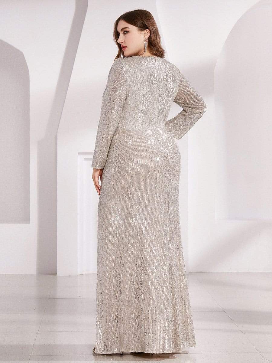 Shiny V Neck Sequin Evening Party Dress with Long Sleeve