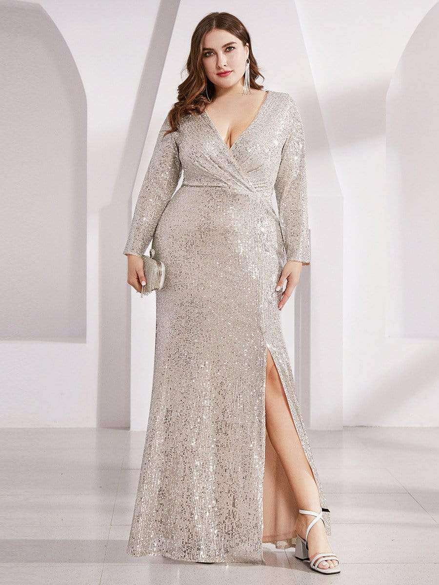 Shiny V Neck Sequin Evening Party Dress with Long Sleeve