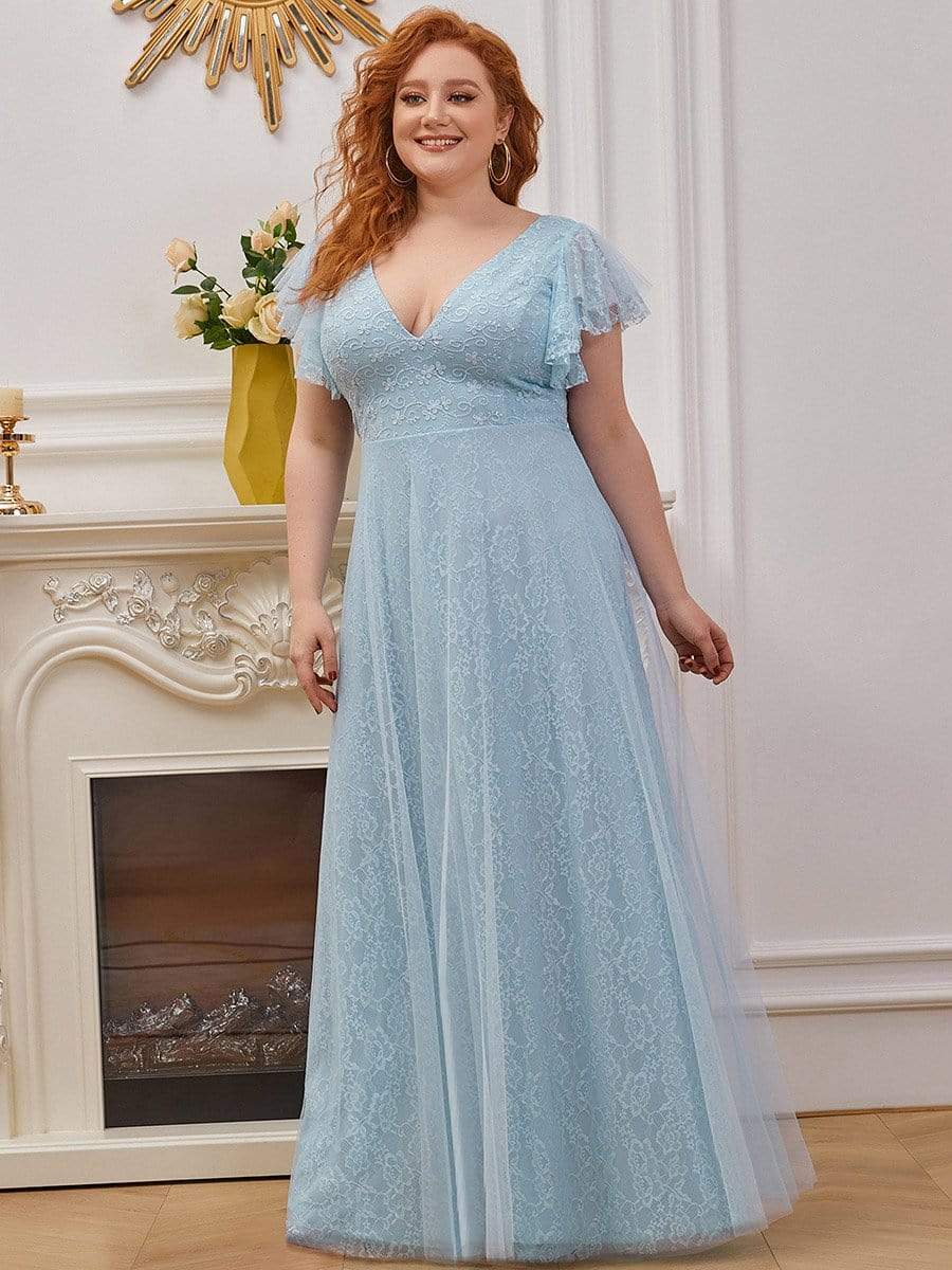 Maxi Long Plus Size Lace Evening Dresses with Ruffle Sleeves