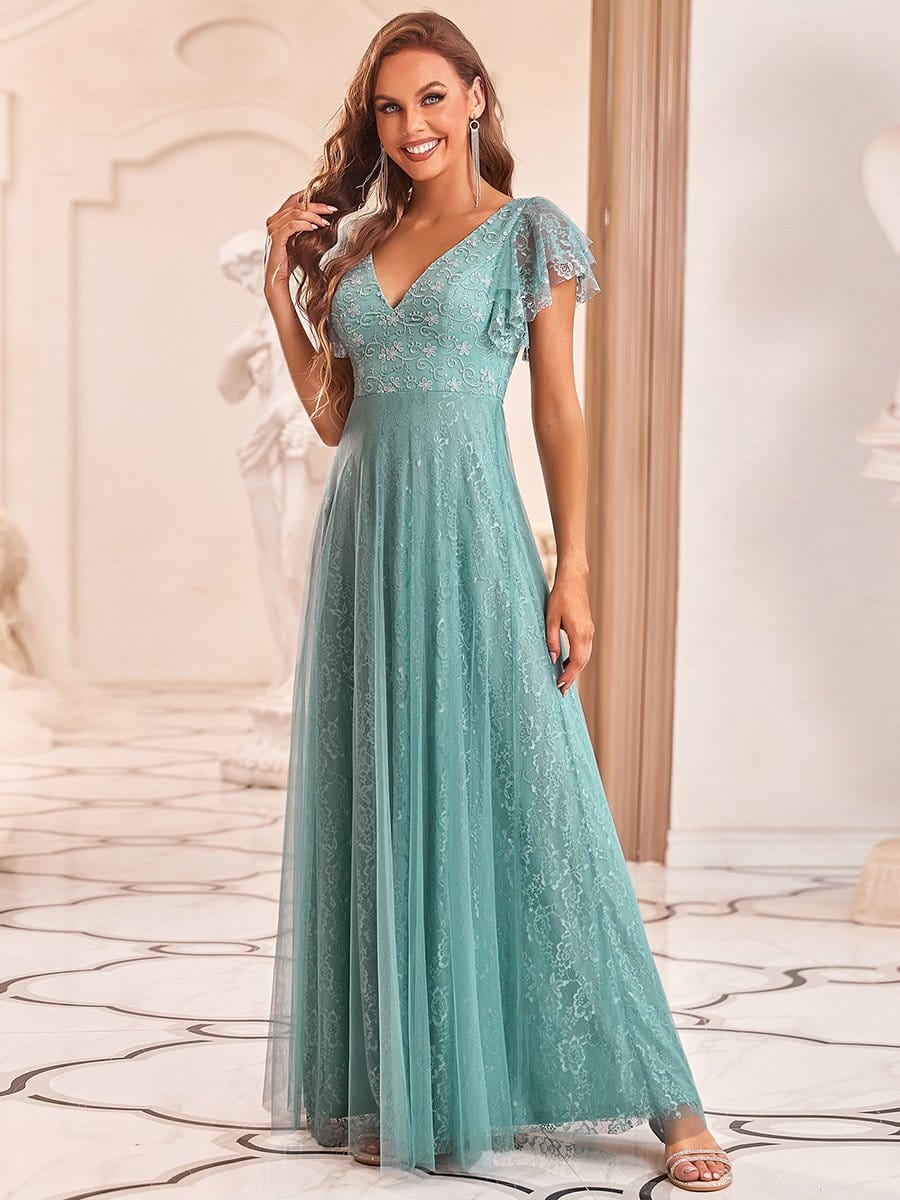 Double V Neck Maxi Lace Evening Dresses with Ruffle Sleeves