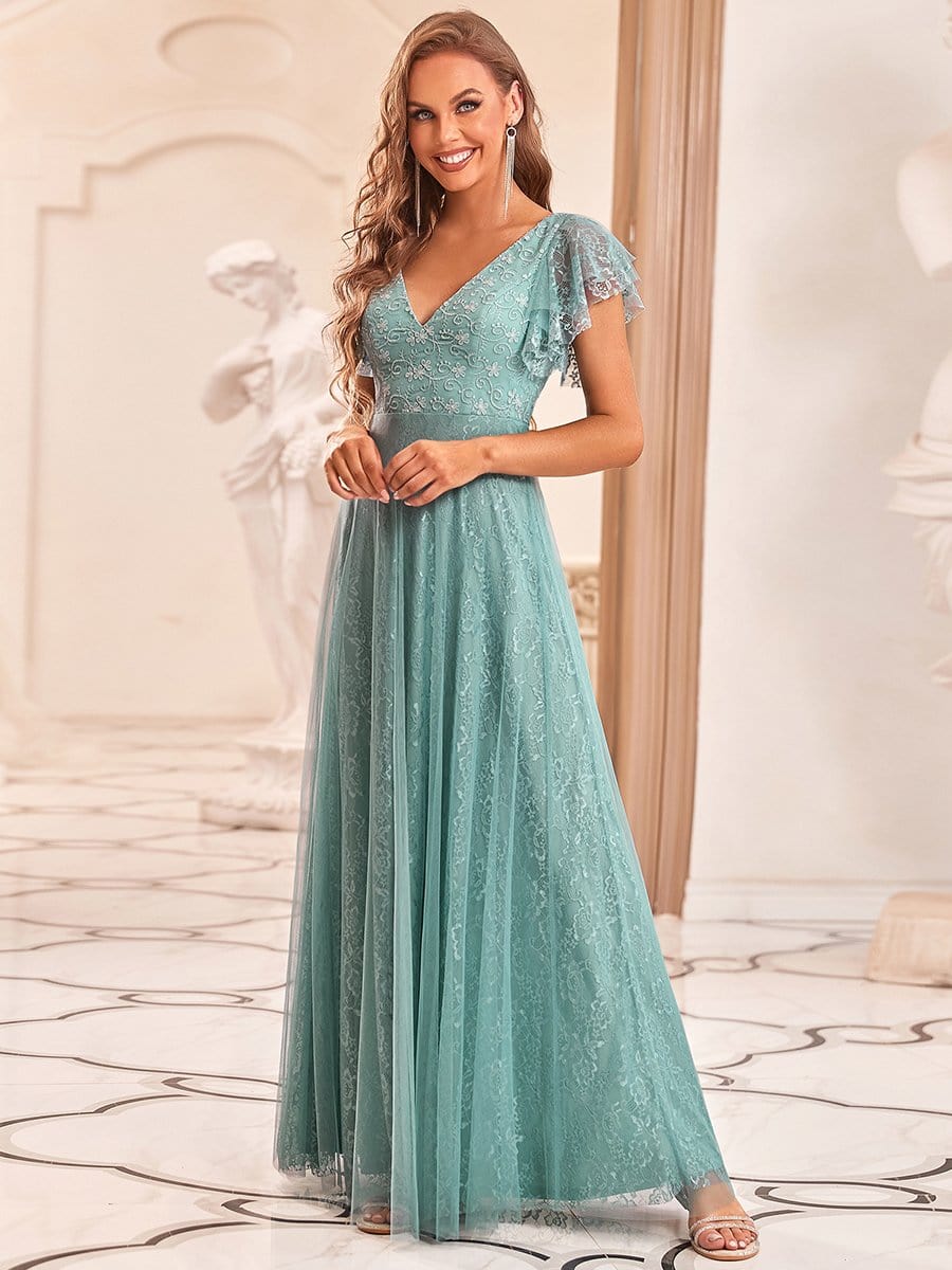 Double V Neck Maxi Lace Evening Dresses with Ruffle Sleeves