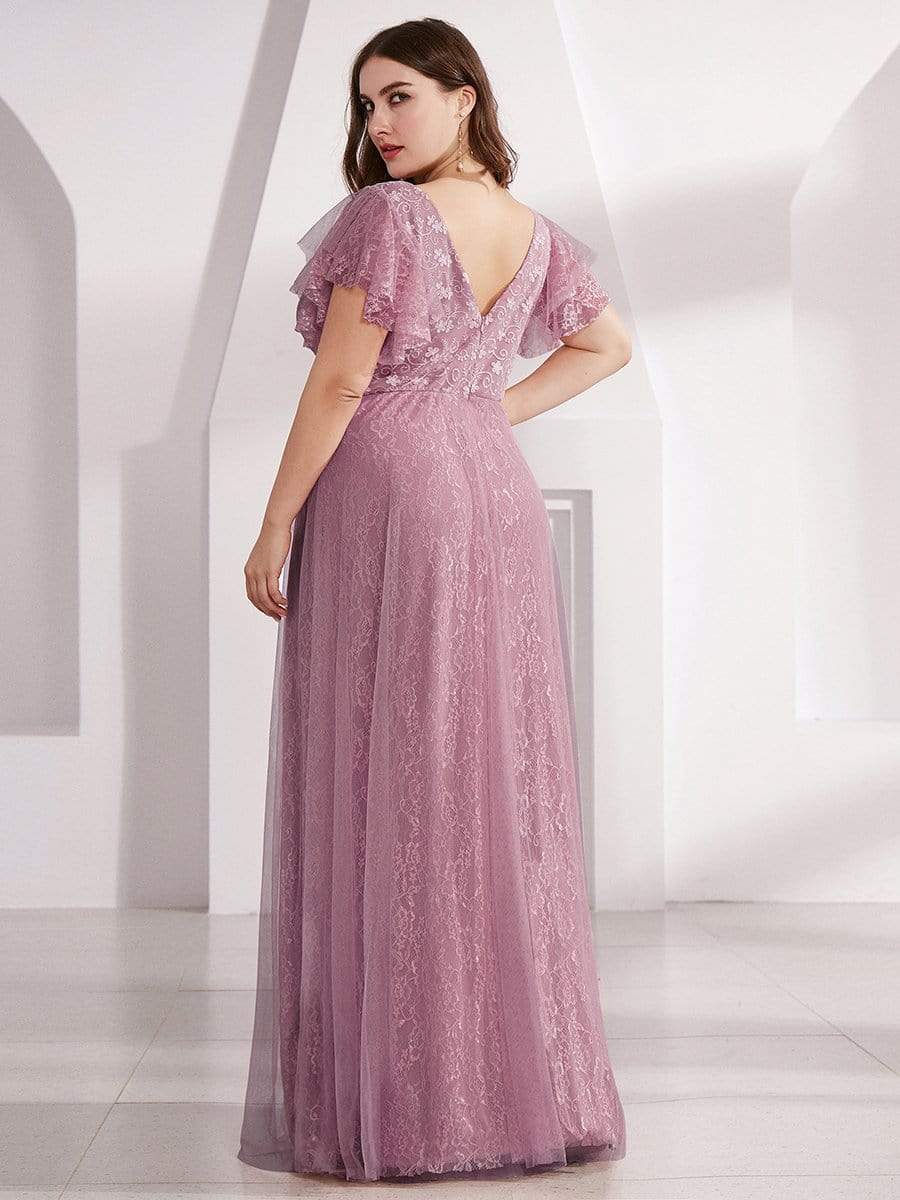 Maxi Long Plus Size Lace Evening Dresses with Ruffle Sleeves