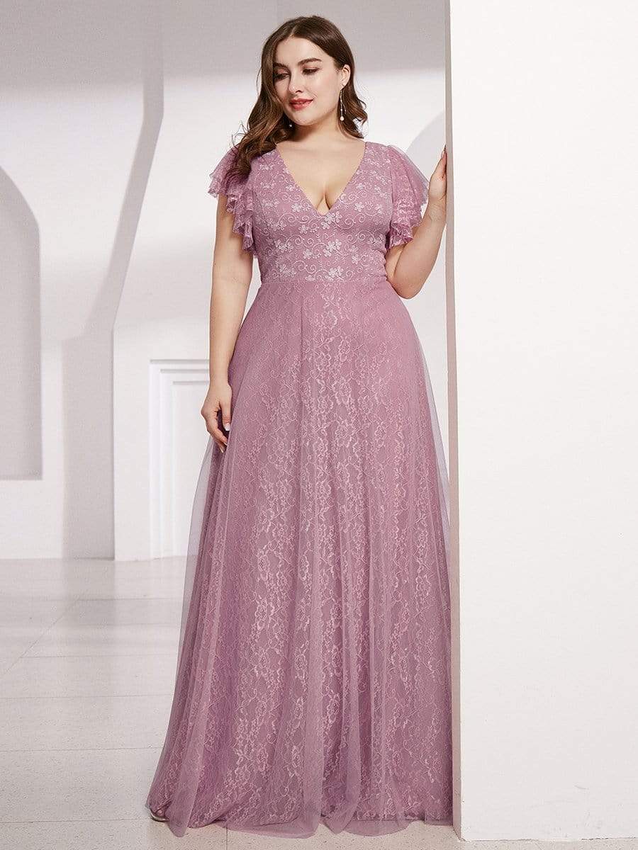 Maxi Long Plus Size Lace Evening Dresses with Ruffle Sleeves