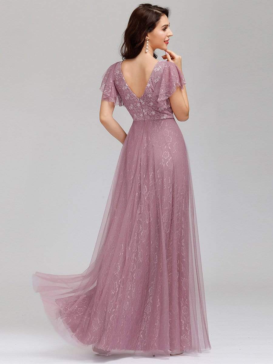 Double V Neck Maxi Lace Evening Dresses with Ruffle Sleeves