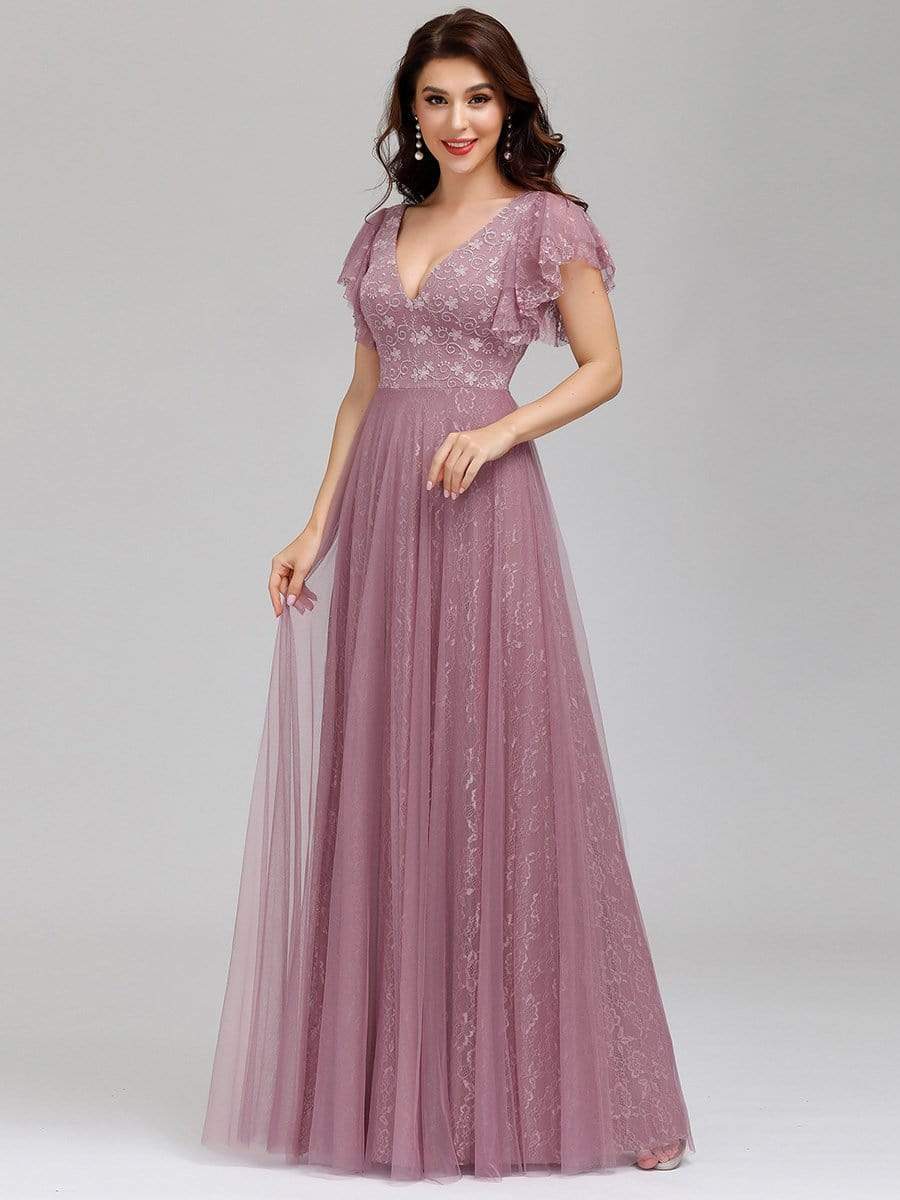 Double V Neck Maxi Lace Evening Dresses with Ruffle Sleeves