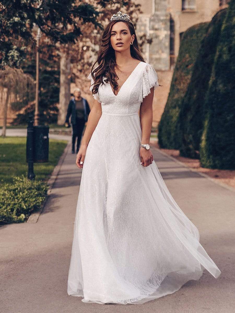 Elegant Maxi Lace Wedding Dress with Ruffle Sleeves