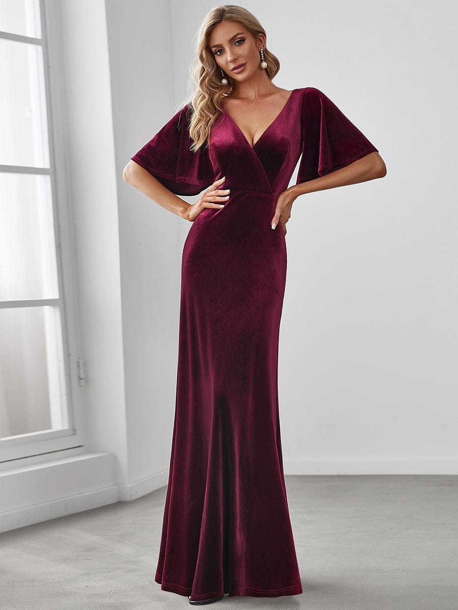 Trendy Double V Neck Velvet Wedding Guest Dress