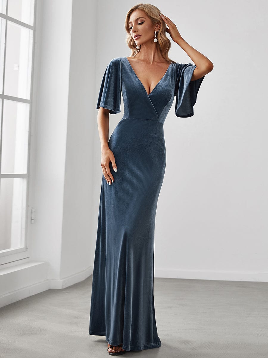 Trendy Double V Neck Velvet Wedding Guest Dress