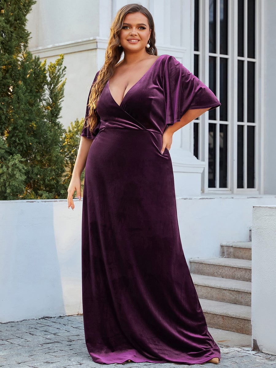 Trendy Double V Neck Velvet Wedding Guest Dress