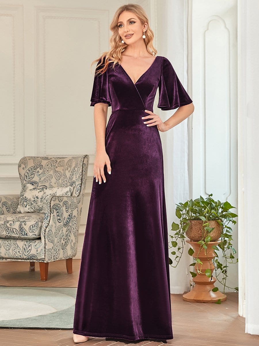 Trendy Double V Neck Velvet Wedding Guest Dress