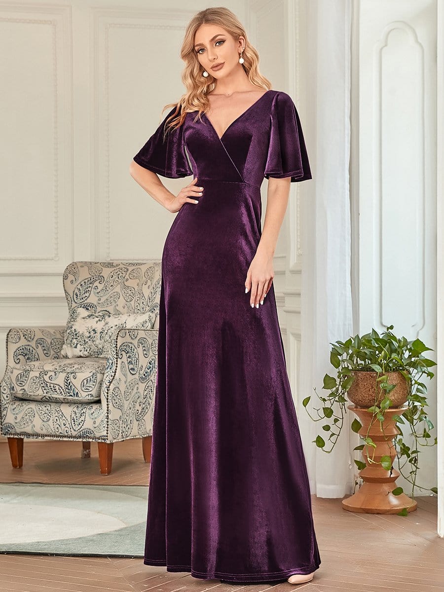 Trendy Double V Neck Velvet Wedding Guest Dress