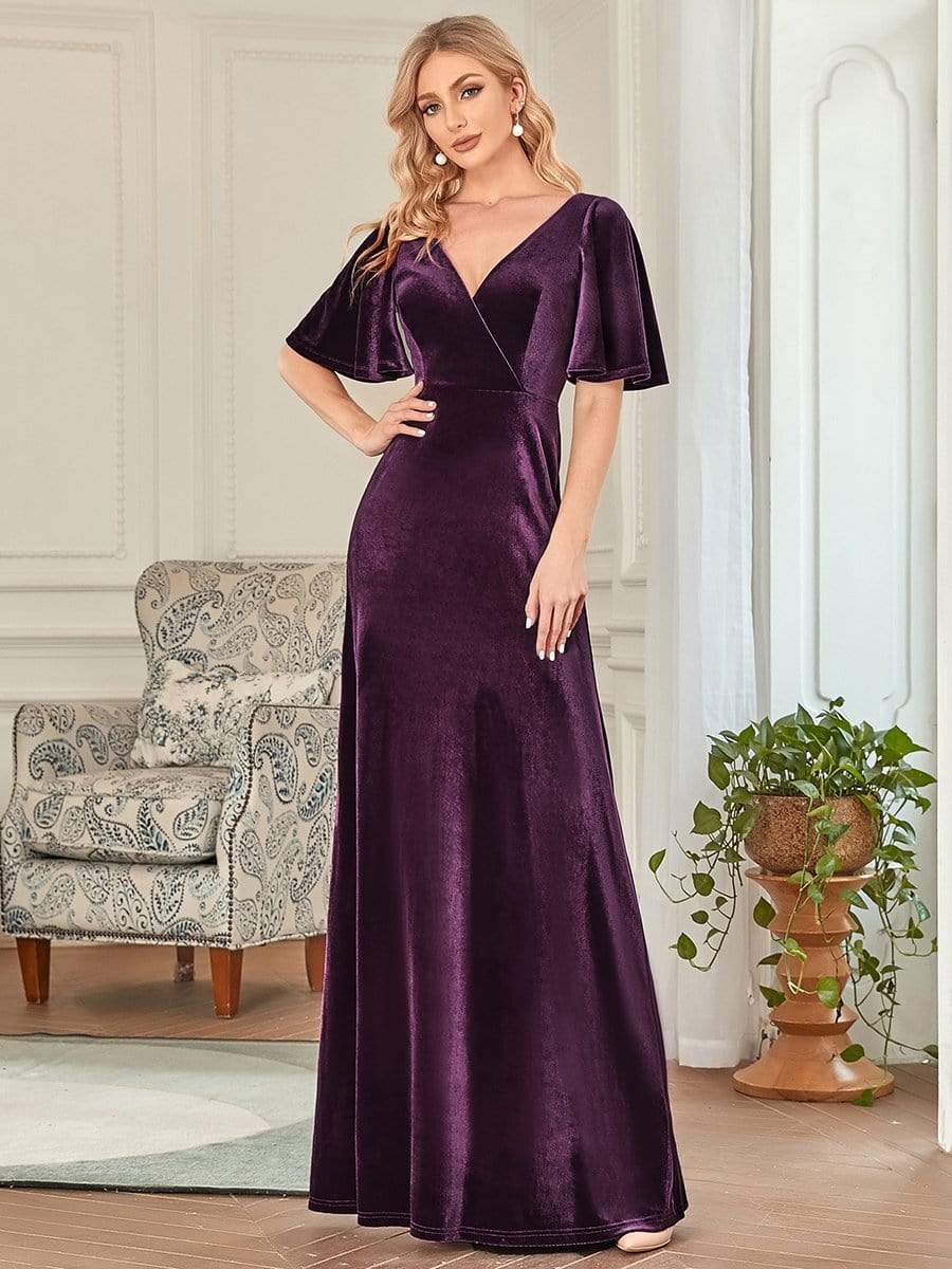 Sexy V Neck Maxi Long Velvet Evening Dress