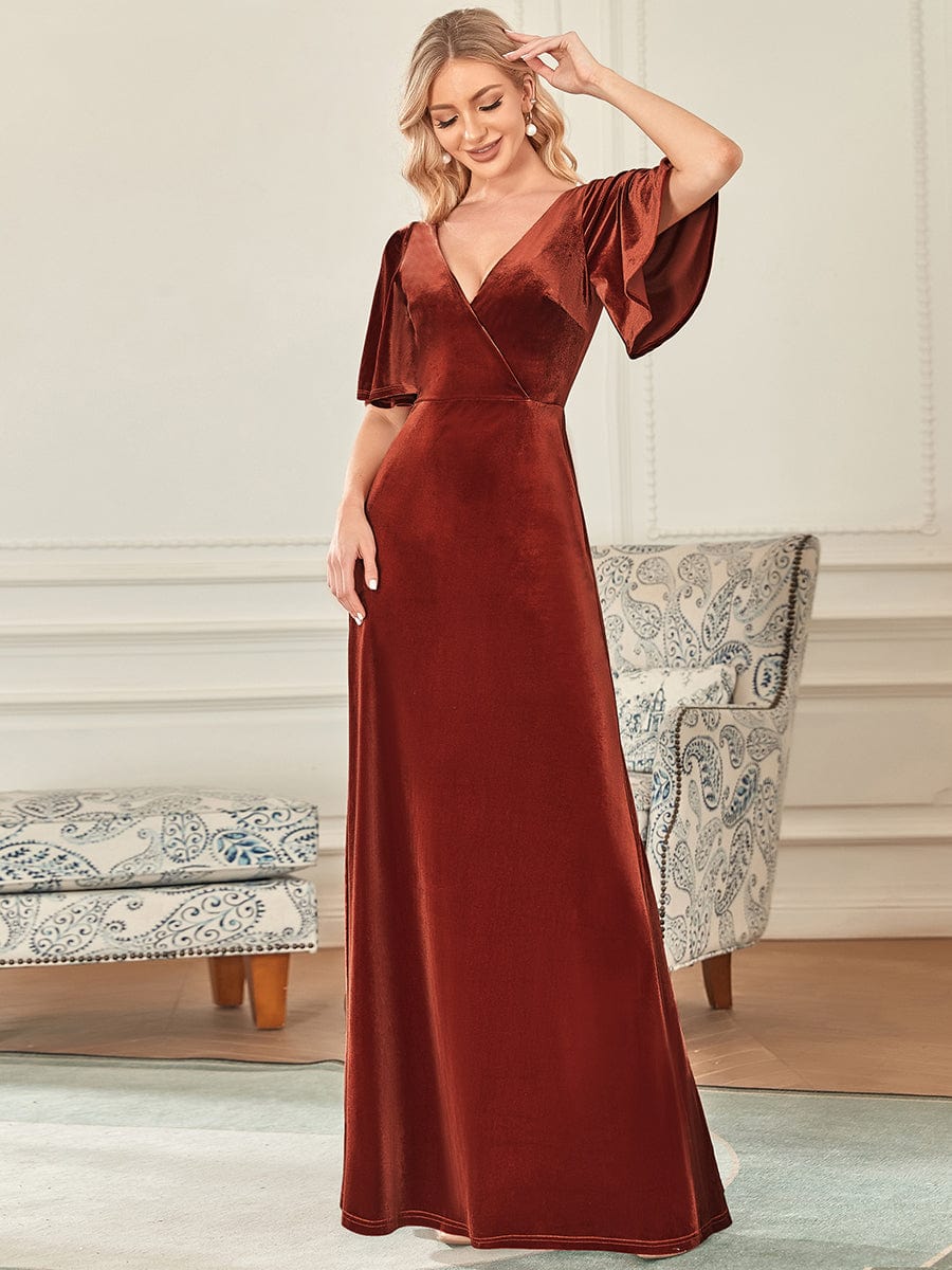 Custom Size Elegant Double V Neck Velvet Bridesmaid Dress