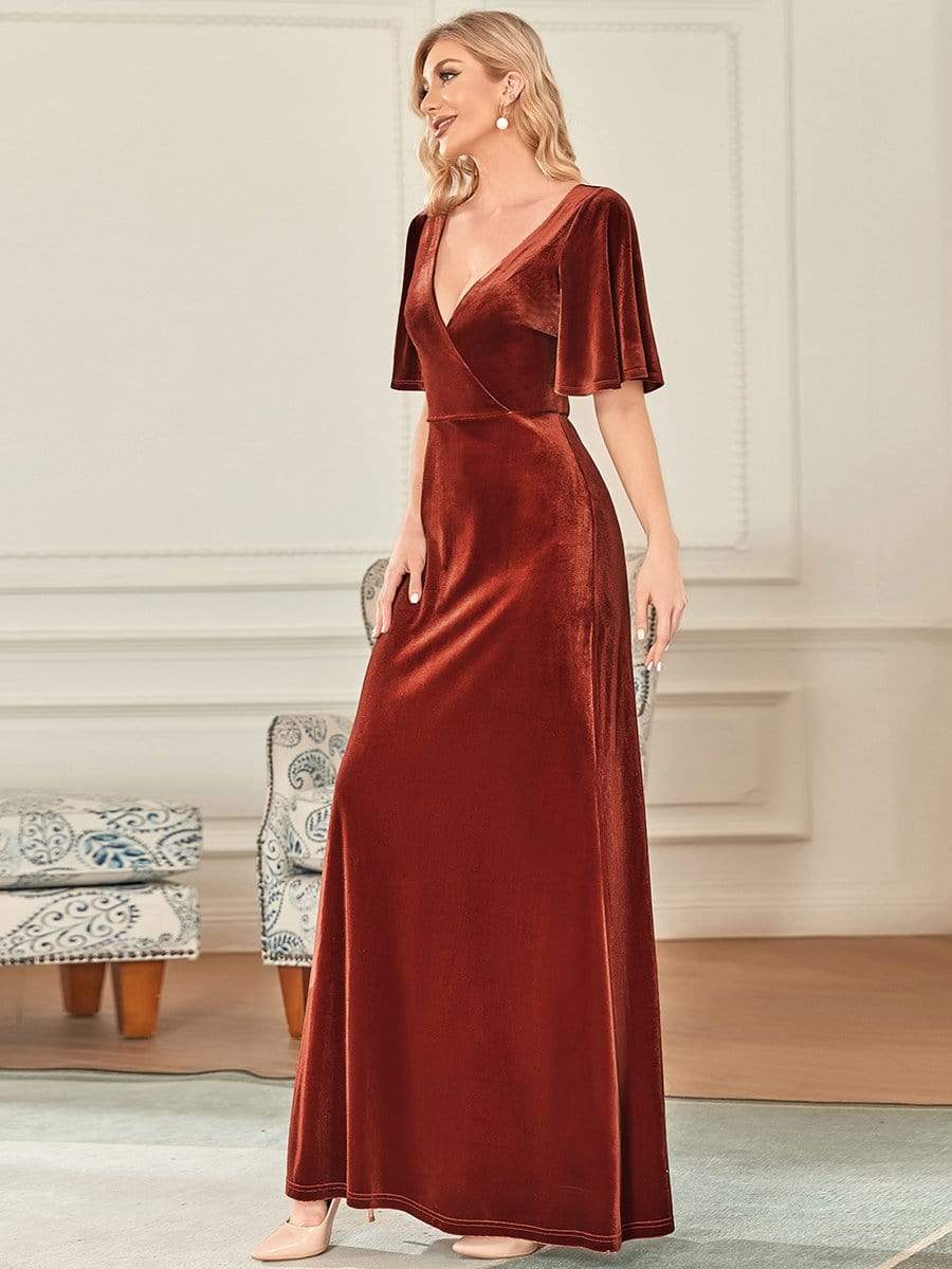 Elegant Double V Neck Velvet Bridesmaid Dress for Women