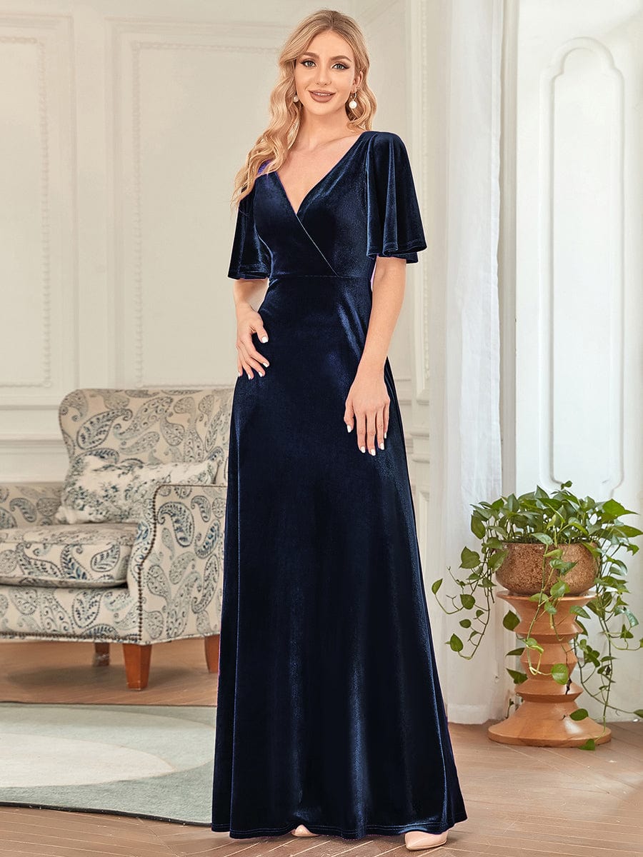 Trendy Double V Neck Velvet Wedding Guest Dress