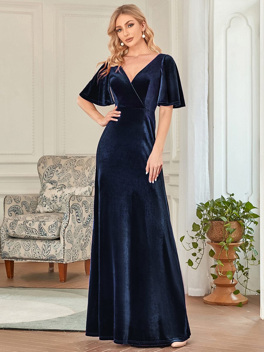 Custom Size Elegant Double V Neck Velvet Bridesmaid Dress