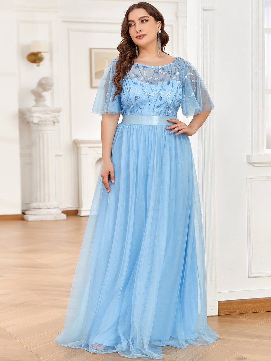 Plus Size Women's Embroidery Bridesmaid Dress with Short Sleeve