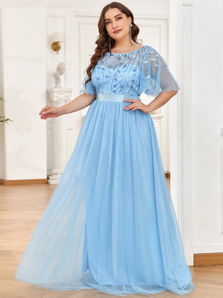 Plus Size Women's Embroidery Bridesmaid Dress with Short Sleeve