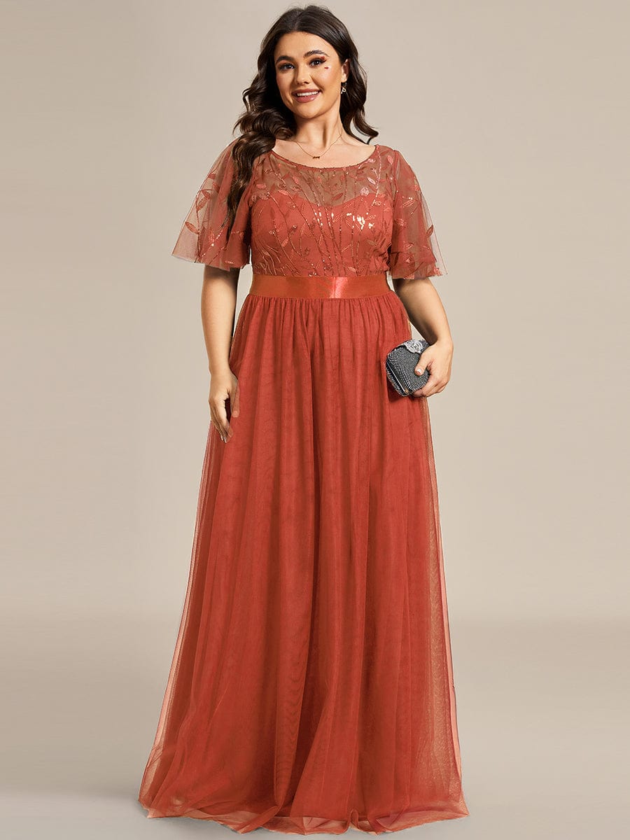 Women's A-Line Short Sleeve Embroidery Floor Length Evening Dresses