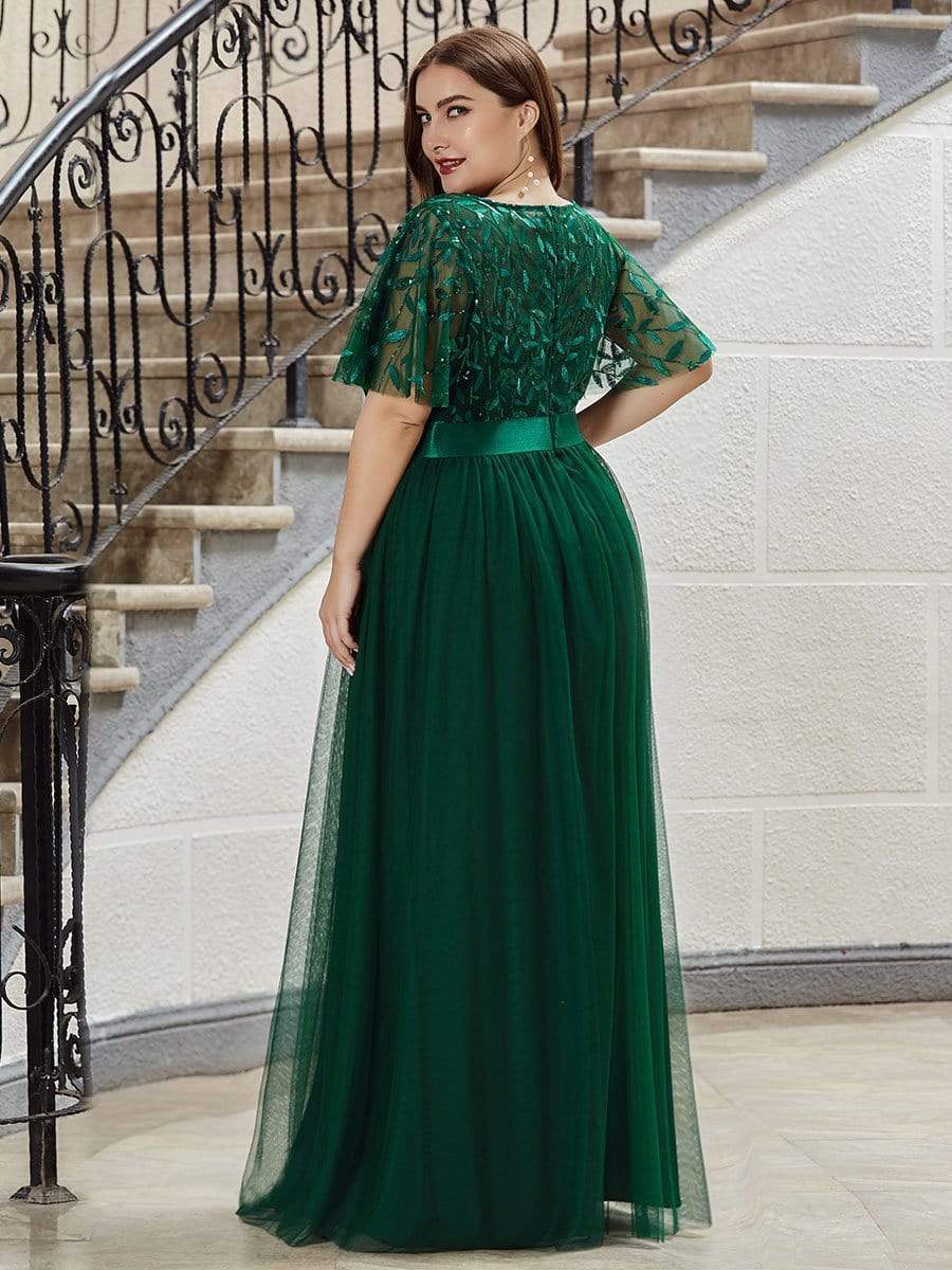 Plus Size Women's Embroidery Bridesmaid Dress with Short Sleeve