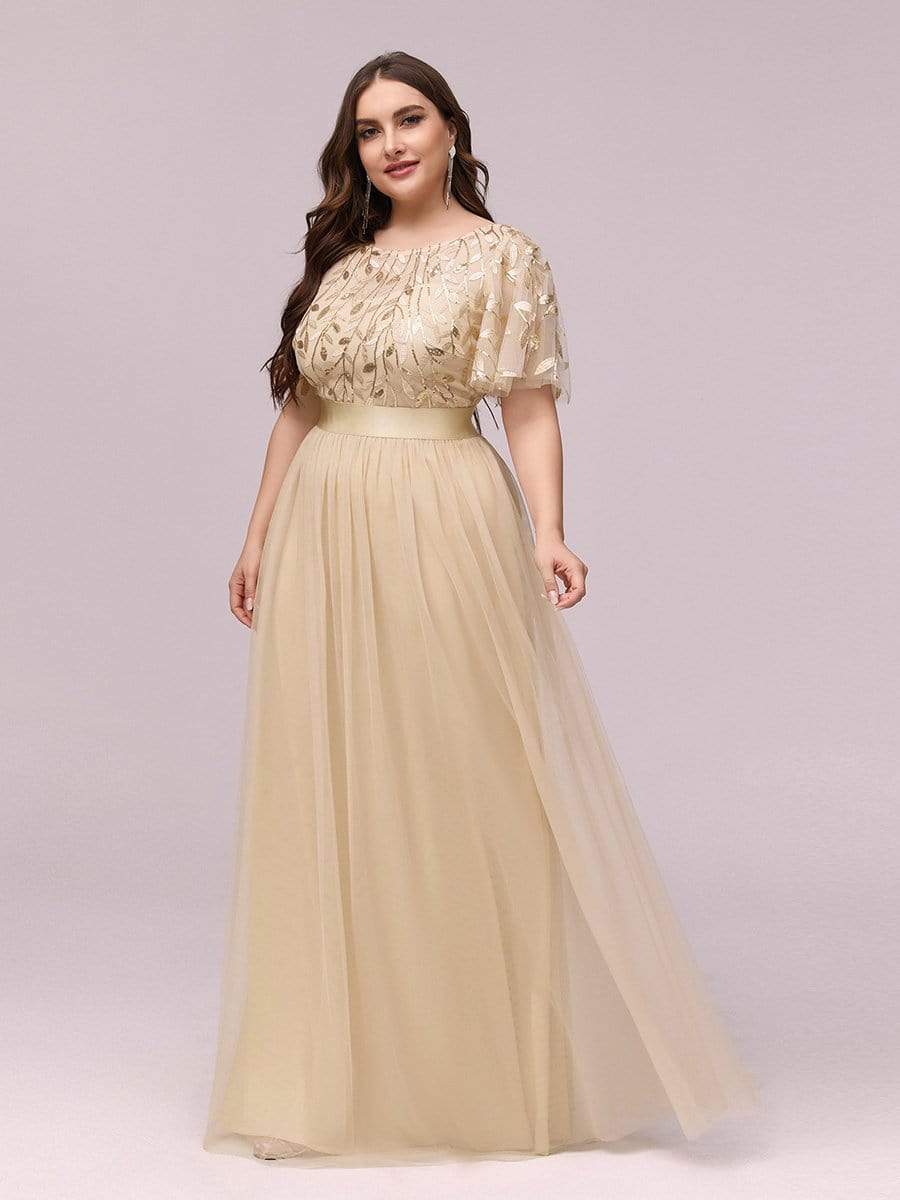 Custom Size A-Line Short Sleeve Embroidery Floor Length Bridesmaid Dresses