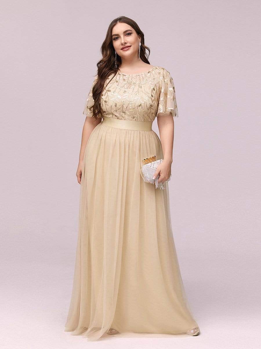 Custom Size A-Line Short Sleeve Embroidery Floor Length Bridesmaid Dresses