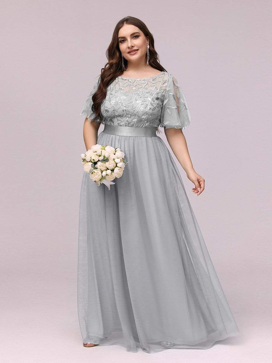 Custom Size A-Line Short Sleeve Embroidery Floor Length Bridesmaid Dresses