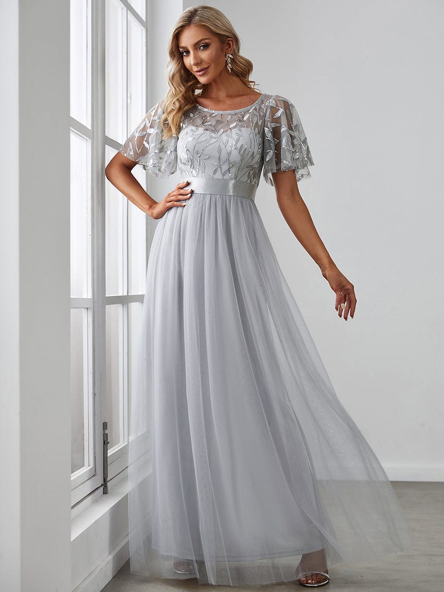 Women's A-Line Short Sleeve Embroidery Floor Length Wedding Guest Dresses