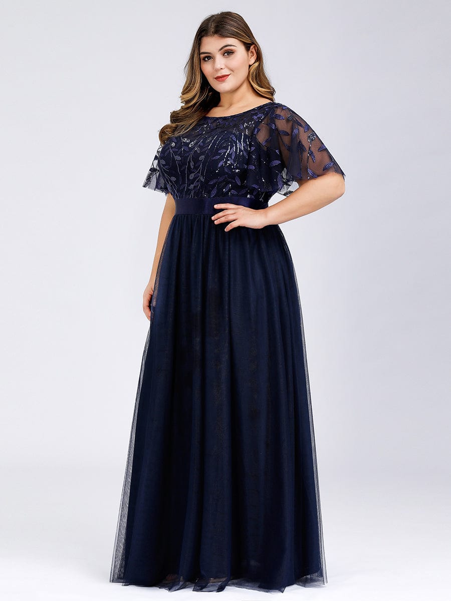 Plus Size Women's Embroidery Bridesmaid Dress with Short Sleeve