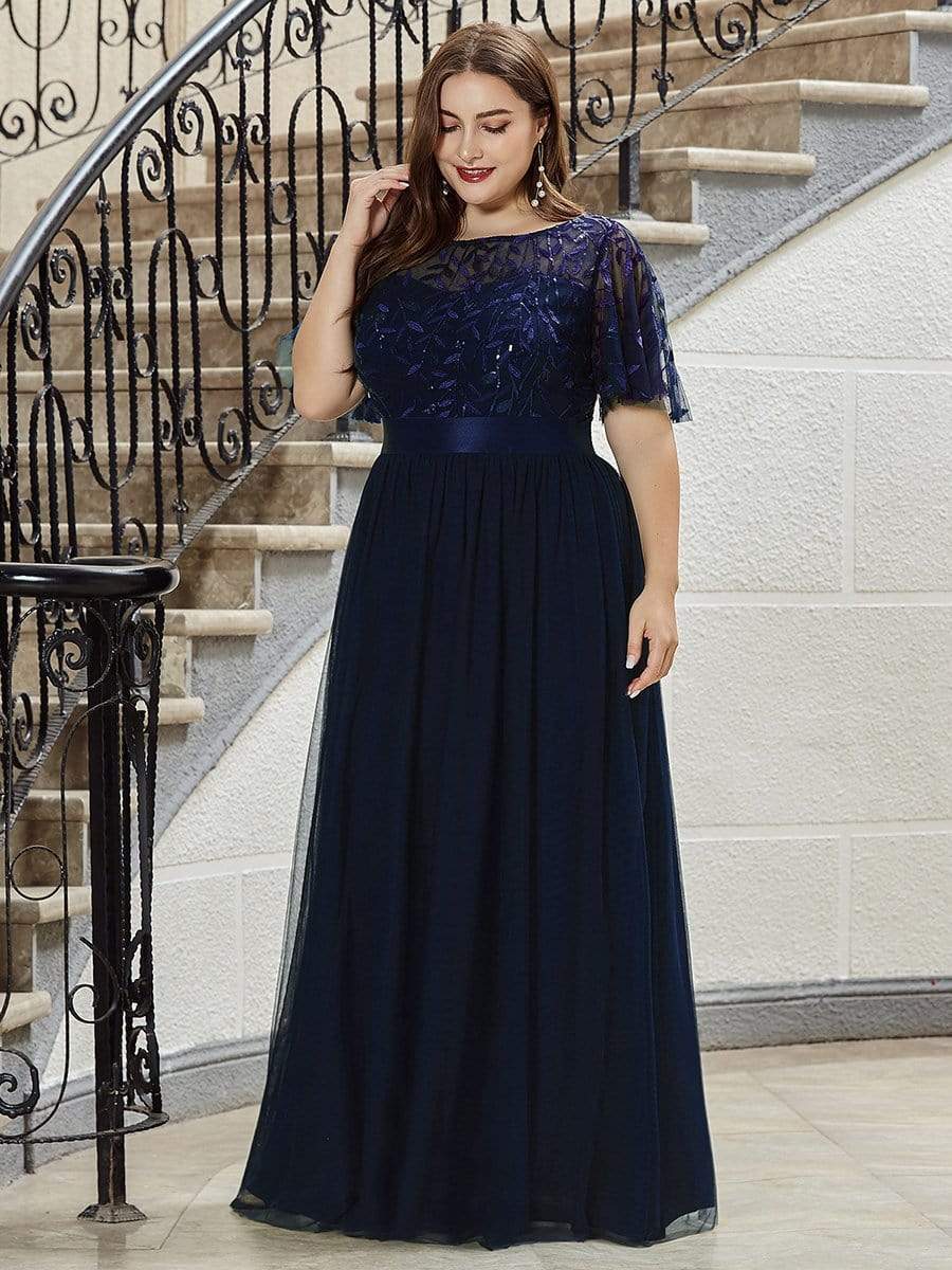 Women's A-Line Short Sleeve Embroidery Floor Length Wedding Guest Dresses