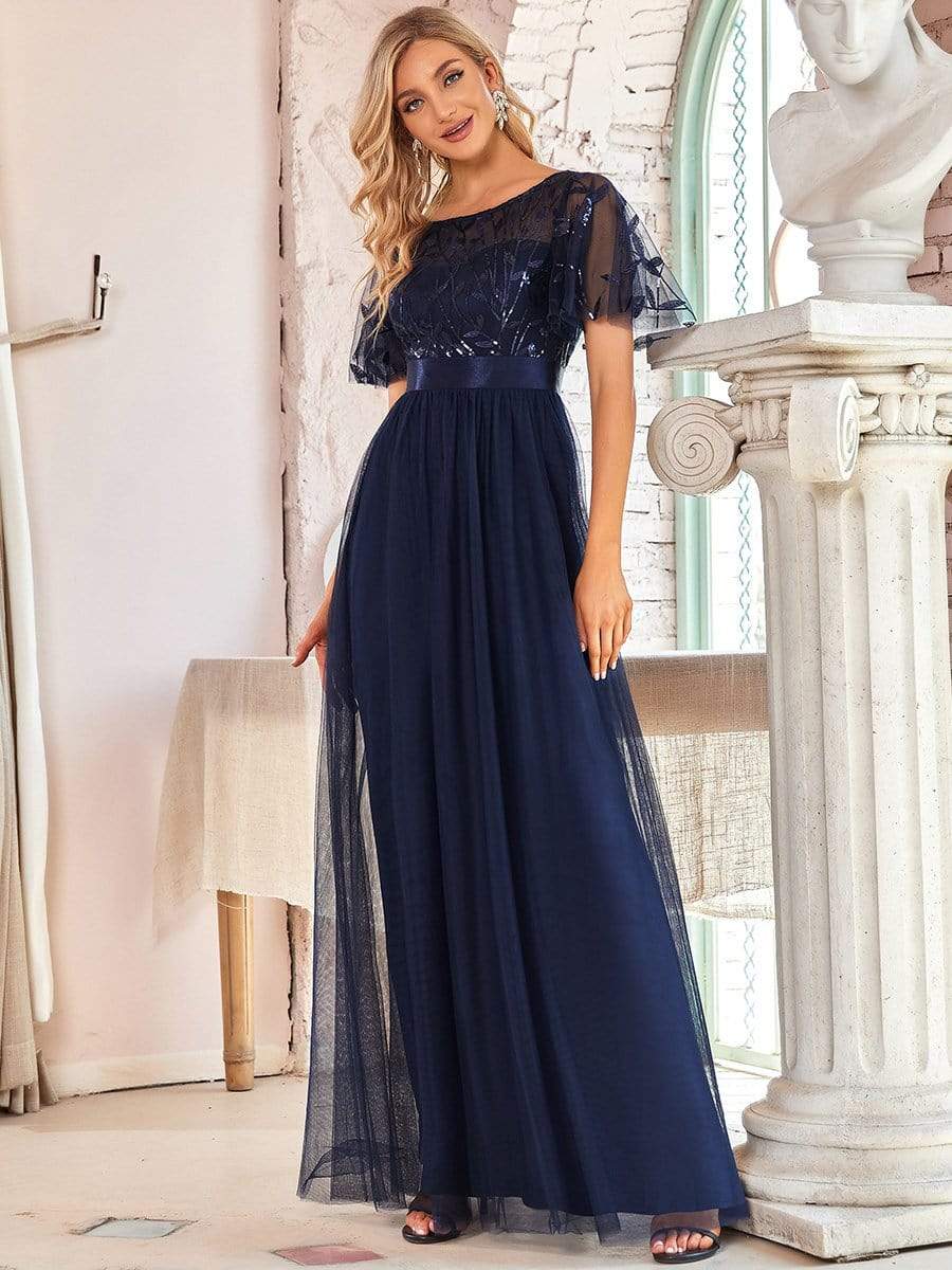 Women's A-Line Short Sleeve Embroidery Floor Length Wedding Guest Dresses