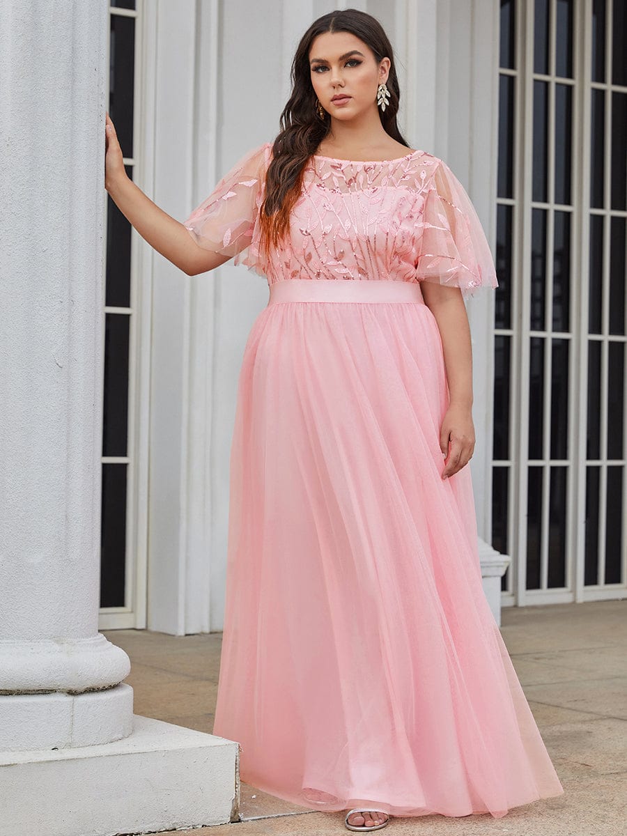 Plus Size Women's Embroidery Bridesmaid Dress with Short Sleeve