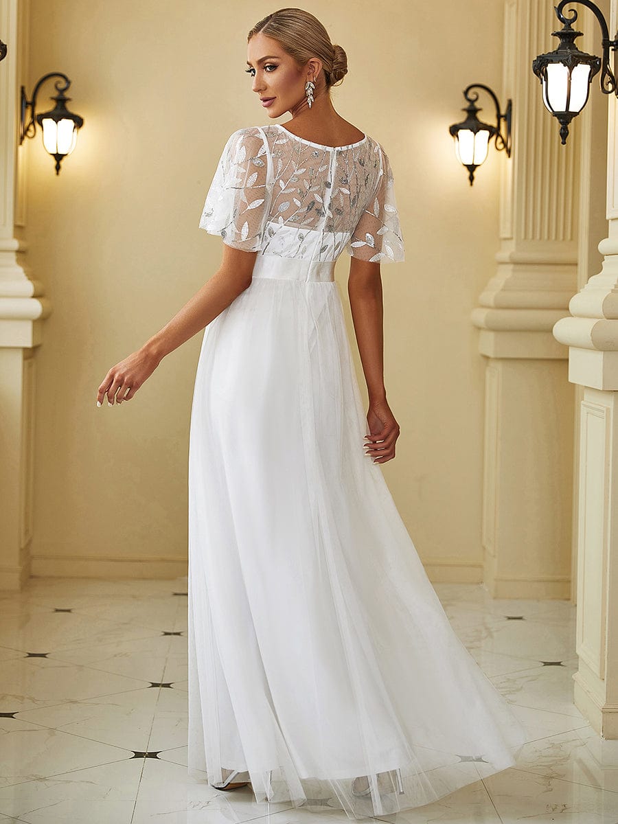 Women's A-Line Short Sleeve Embroidery Floor Length Wedding Guest Dresses