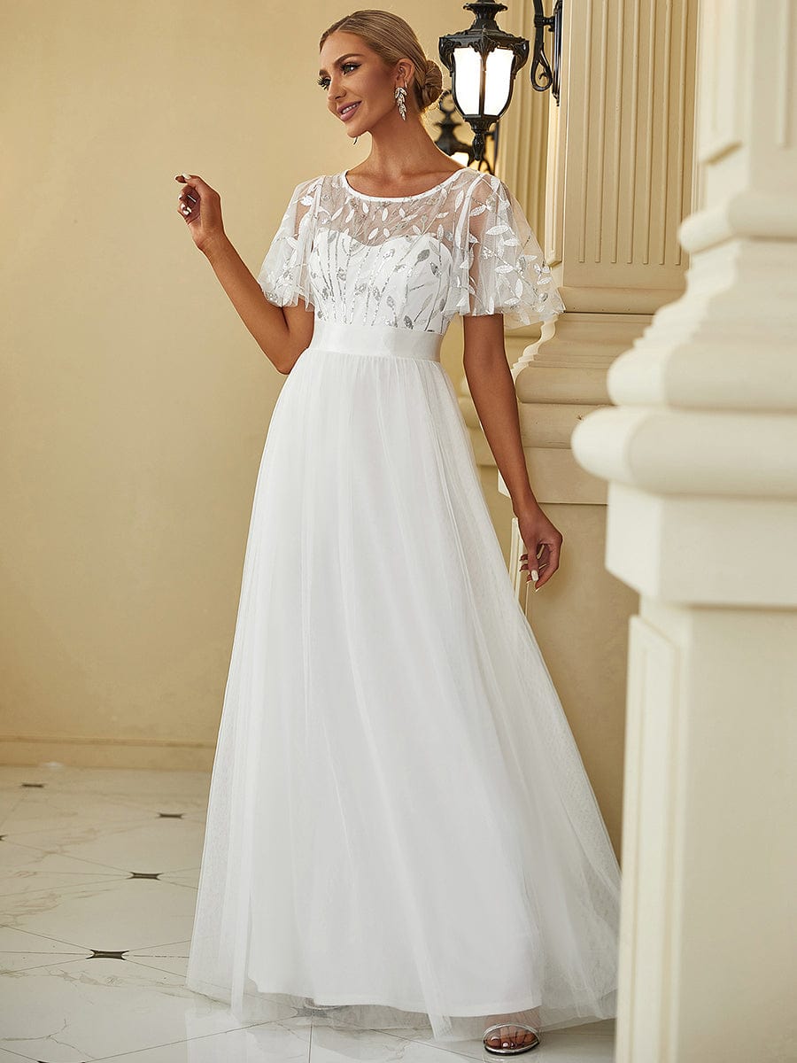 Women's A-Line Short Sleeve Embroidery Floor Length Wedding Guest Dresses