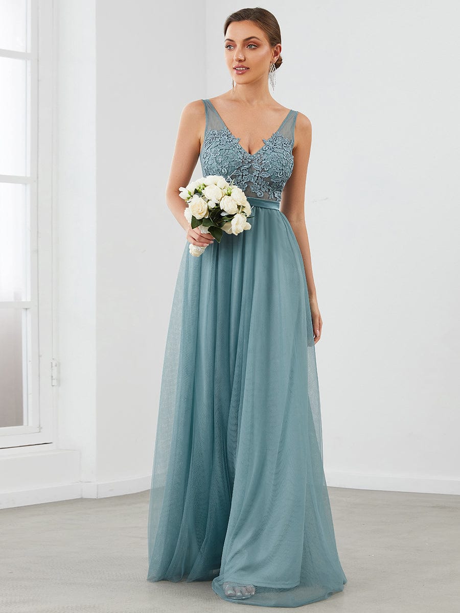 Women's A-Line V-Neck Floral Lace Appliques Bridesmaid Dress