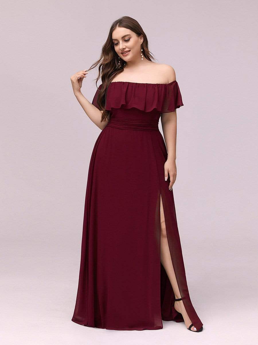 Plus Size Off-The-Shoulder Ruffle Thigh Split Bridesmaid Dress