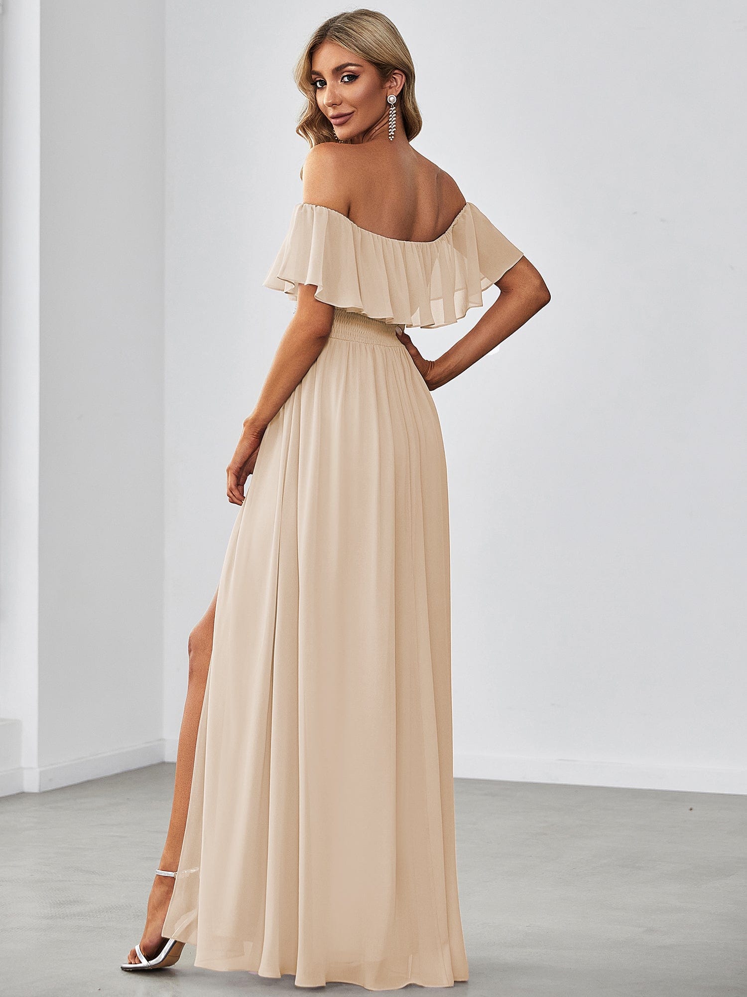 Custom Size Women's Off-The-Shoulder Ruffle Thigh Split Bridesmaid Dresses