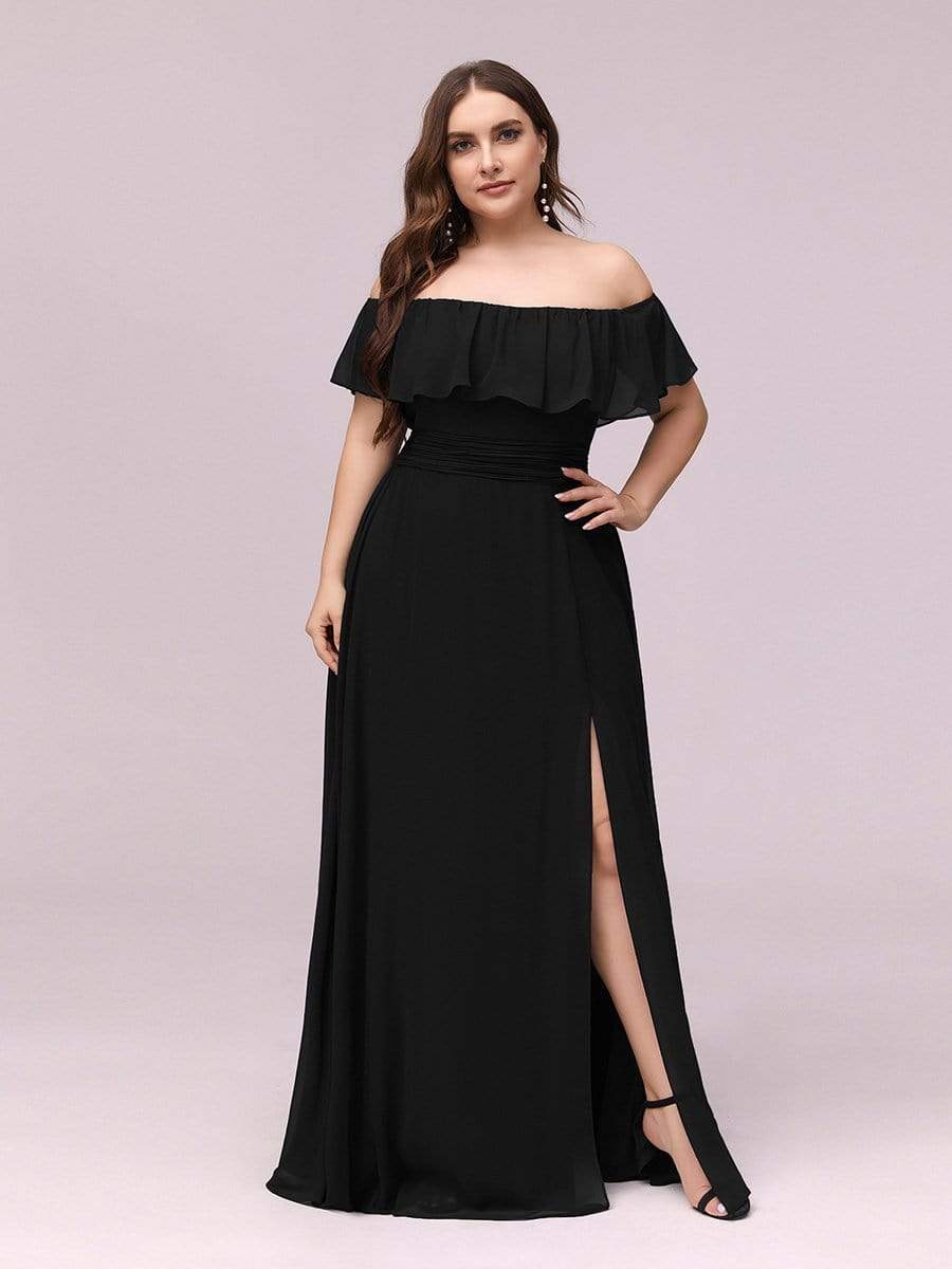 Plus Size Off-The-Shoulder Ruffle Thigh Split Bridesmaid Dress