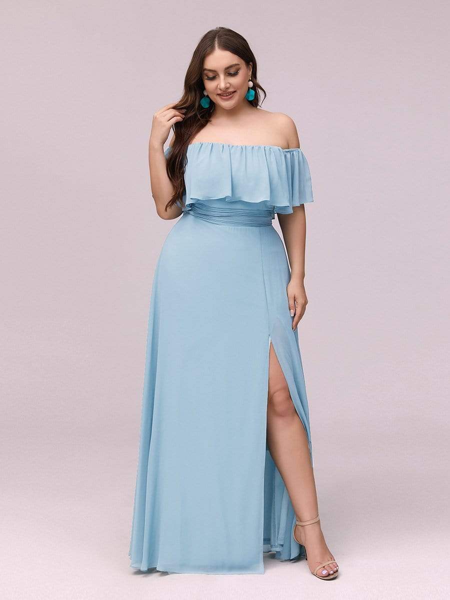 Plus Size Off-The-Shoulder Ruffle Thigh Split Bridesmaid Dress