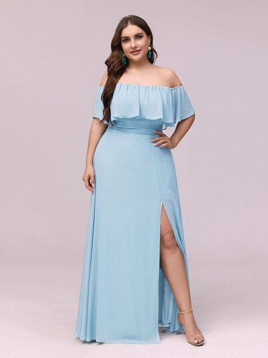 Plus Size Off-The-Shoulder Ruffle Thigh Split Bridesmaid Dress