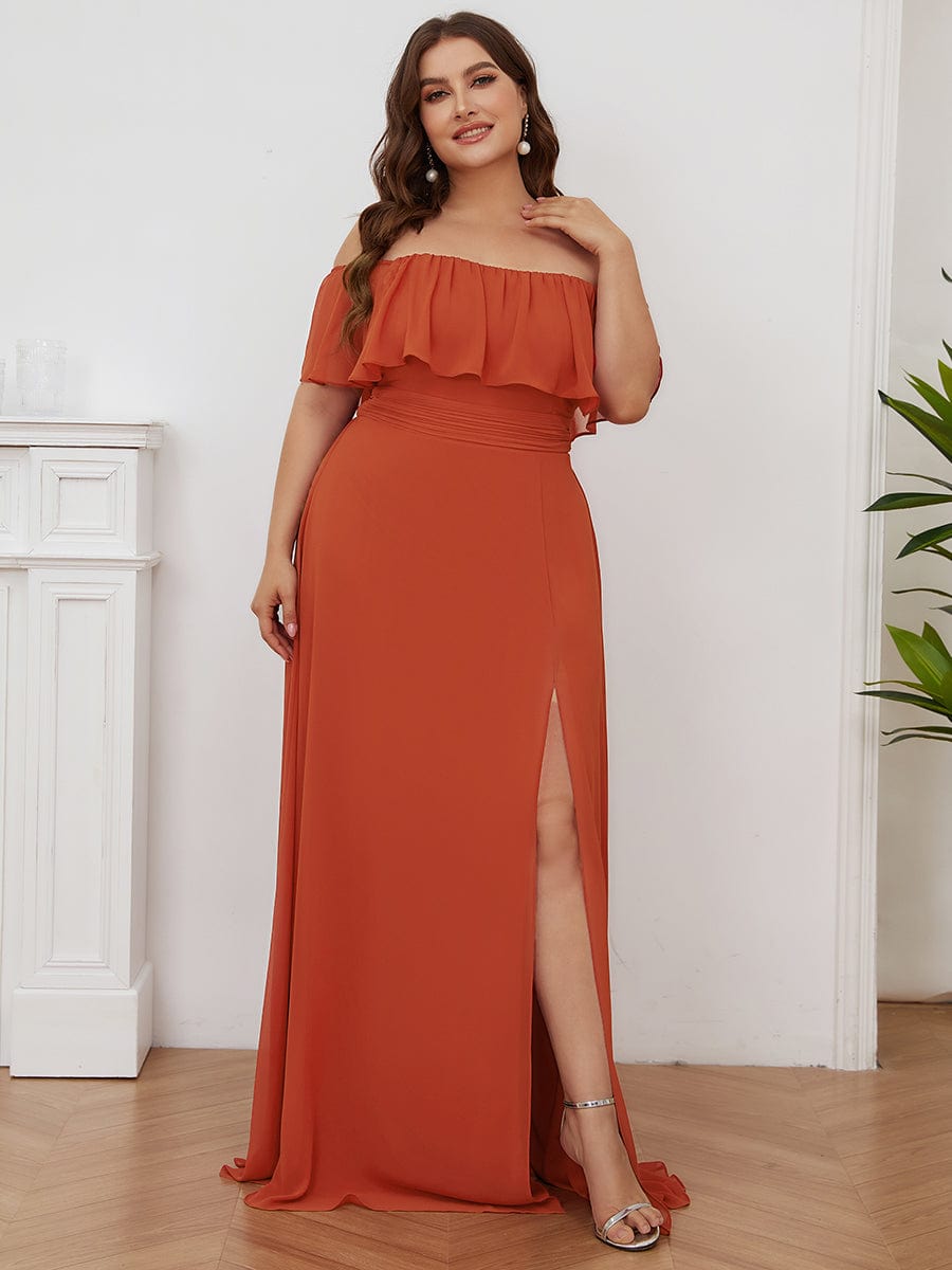 Plus Size Off-The-Shoulder Ruffle Thigh Split Bridesmaid Dress