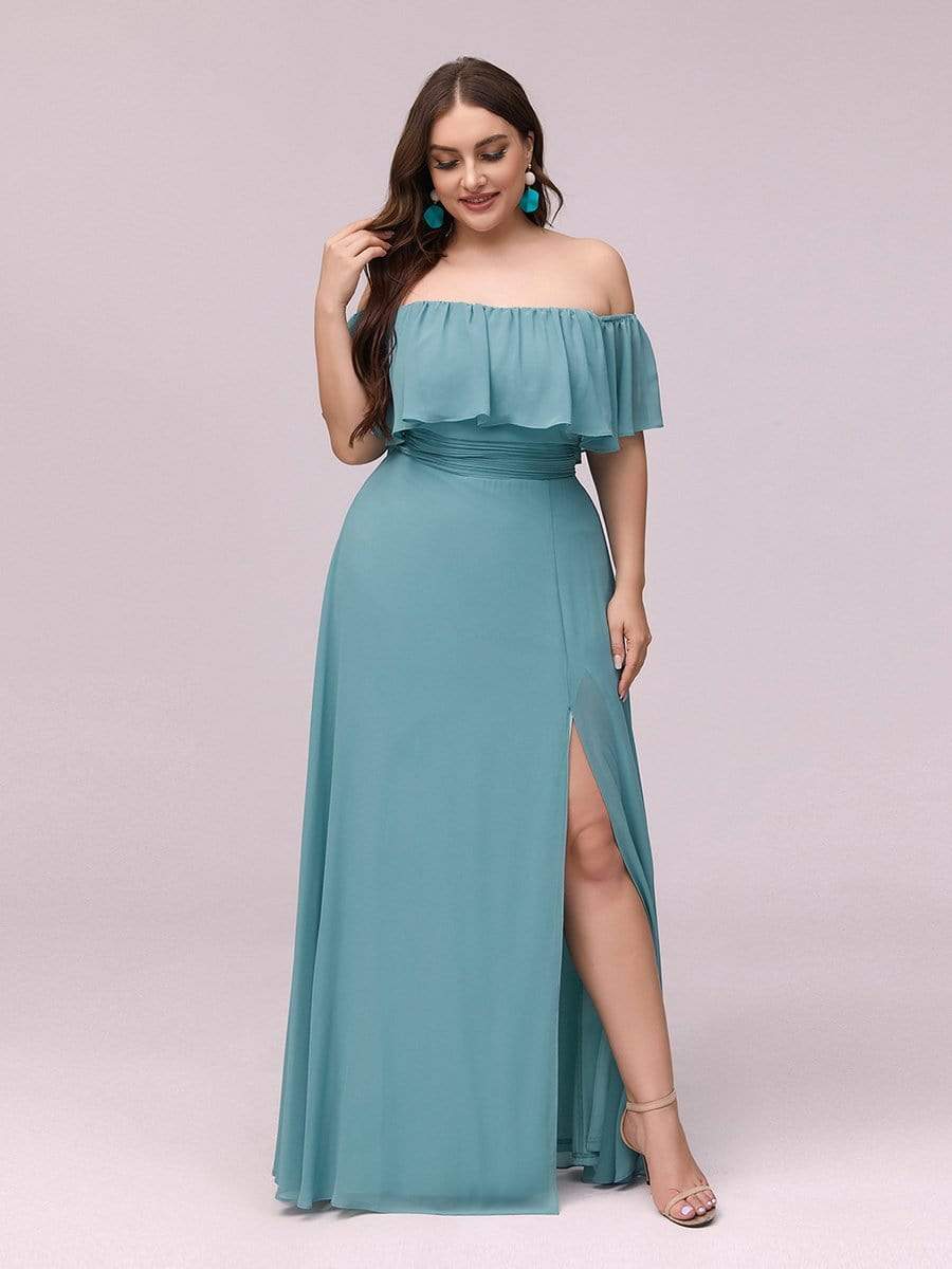 Plus Size Off-The-Shoulder Ruffle Thigh Split Bridesmaid Dress