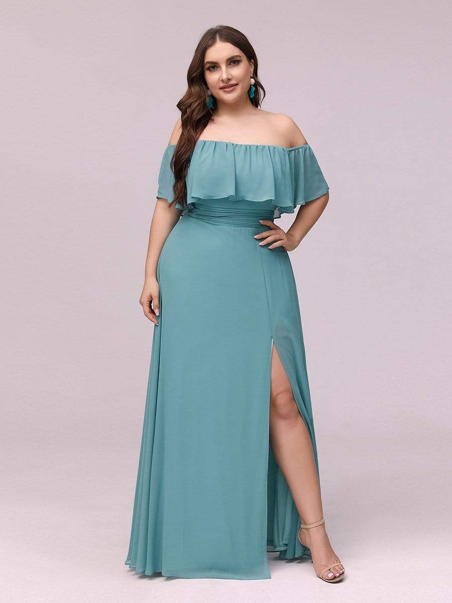 Plus Size Off-The-Shoulder Ruffle Thigh Split Bridesmaid Dress