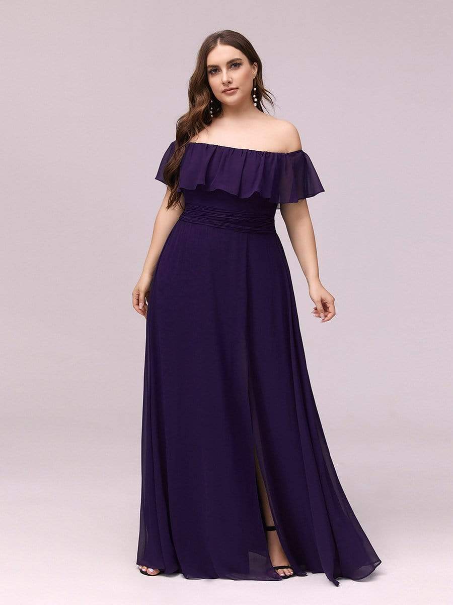 Plus Size Off-The-Shoulder Ruffle Thigh Split Bridesmaid Dress