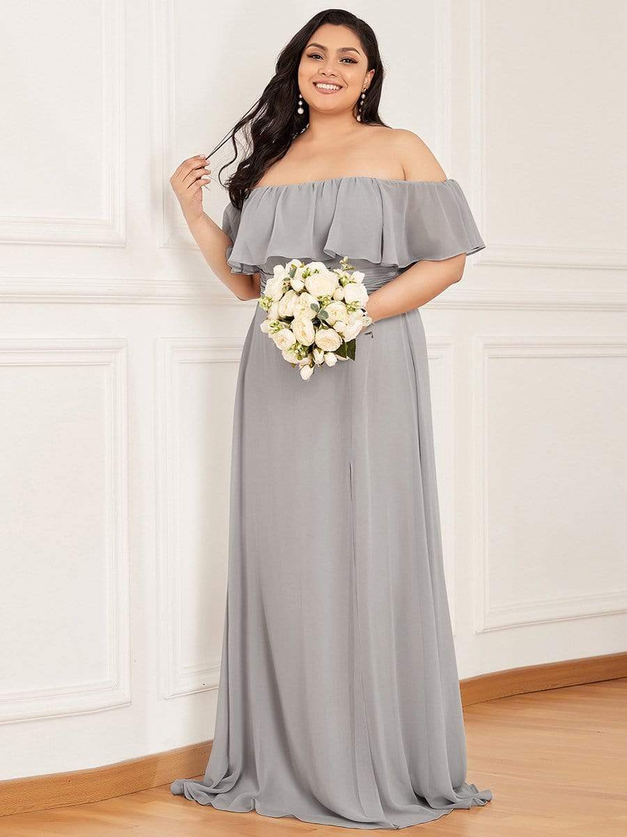 Plus Size Off-The-Shoulder Ruffle Thigh Split Bridesmaid Dress