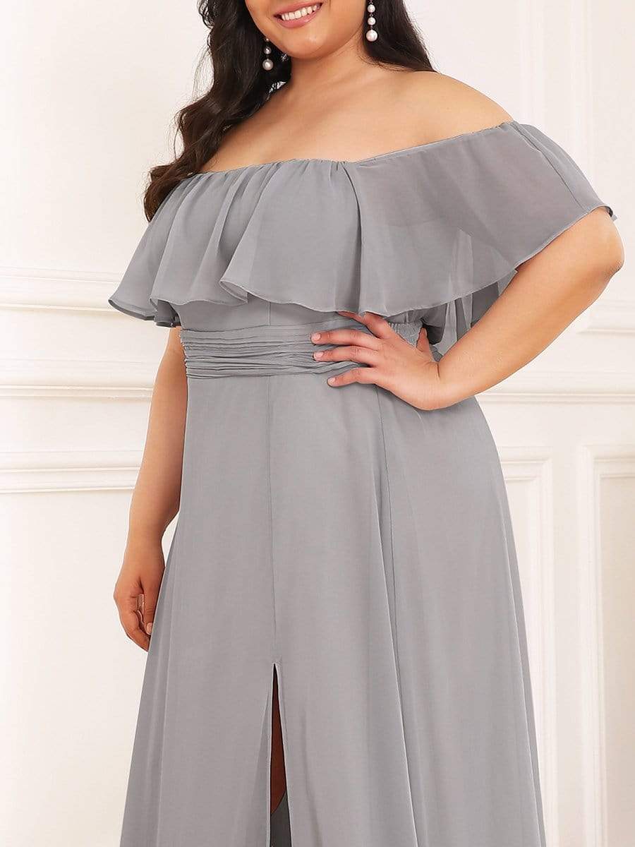 Plus Size Off-The-Shoulder Ruffle Thigh Split Bridesmaid Dress