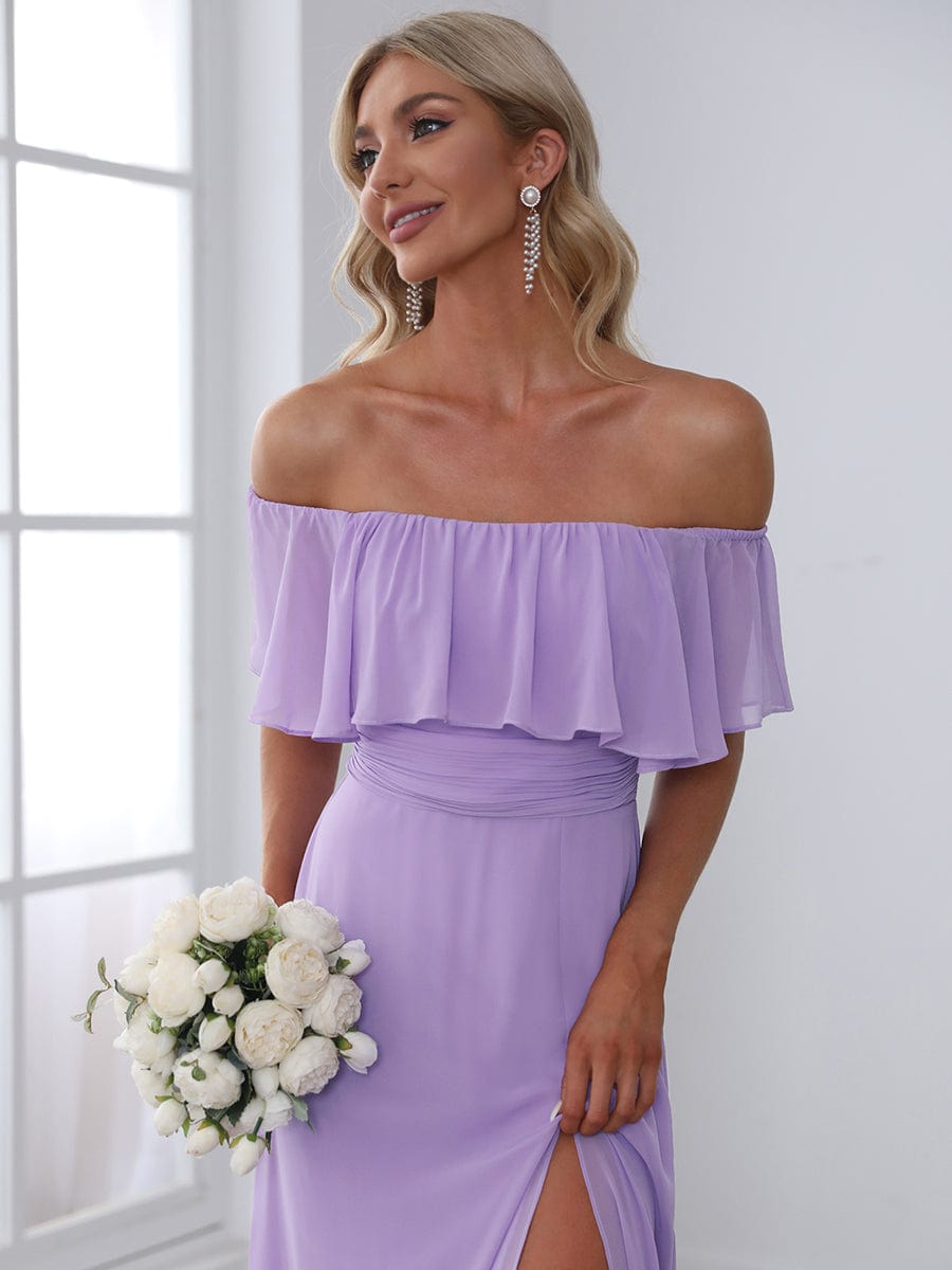 Off Shoulder Chiffon Maxi Bridesmaid Dresses with Side Split