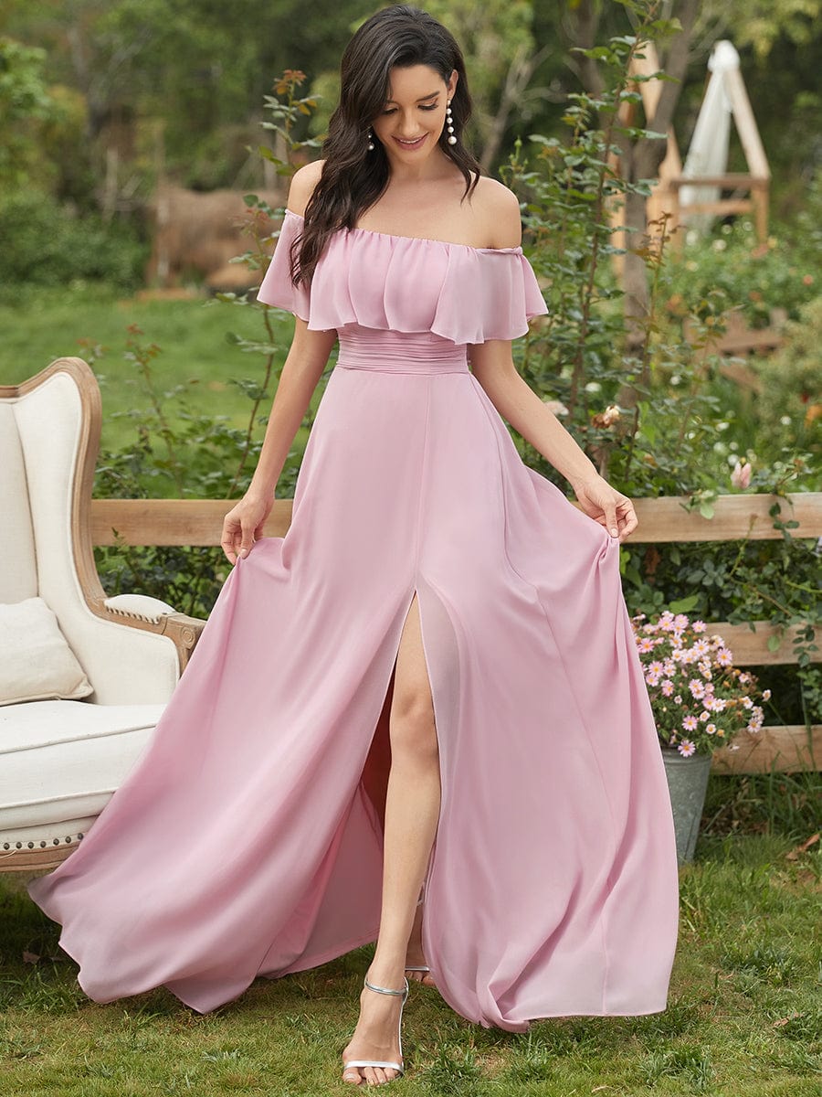 Custom Size Women's Off-The-Shoulder Ruffle Thigh Split Bridesmaid Dresses